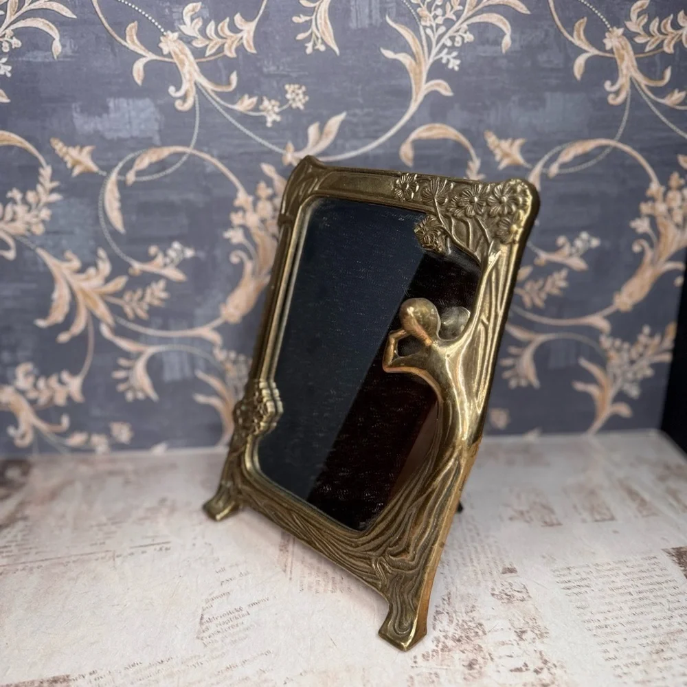 Vintage Art Nouveau Brass Lady of the Lake Vanity Mirror